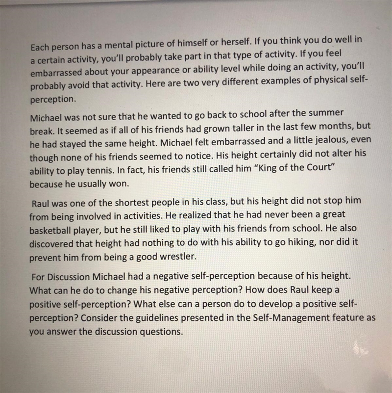 1. Michael had a negative self-perception because of his height. What can he do to-example-1