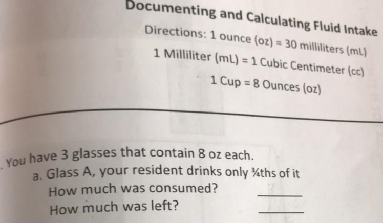 You have 3 glasses that contain 8 oz each glass a your resident drinks only 3/4ths-example-1