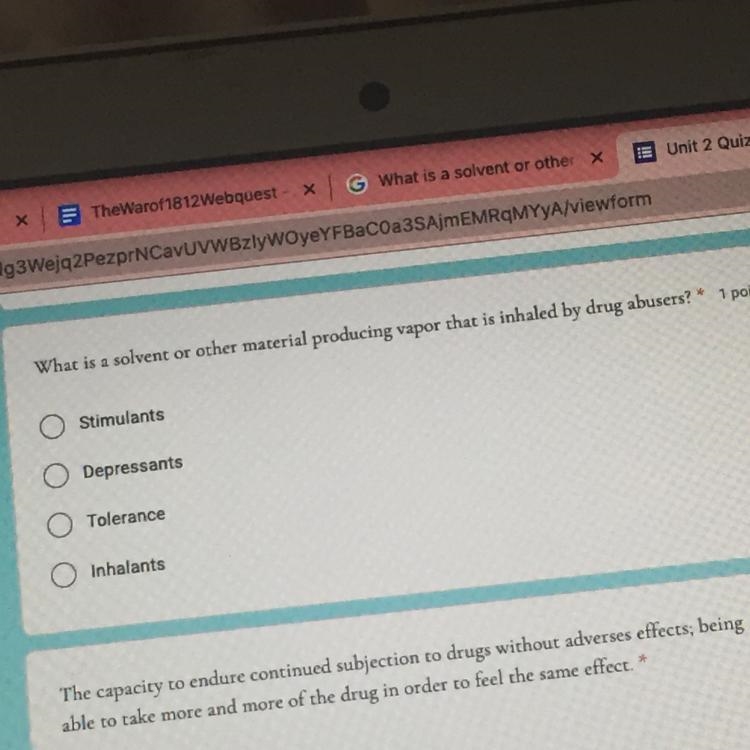 What is a solvent or other material producing vapor that is inhaled by drugs abusers-example-1