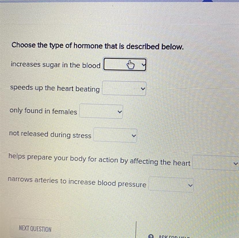 Choose the type of hormone that is described below. increases sugar in the blood speeds-example-1