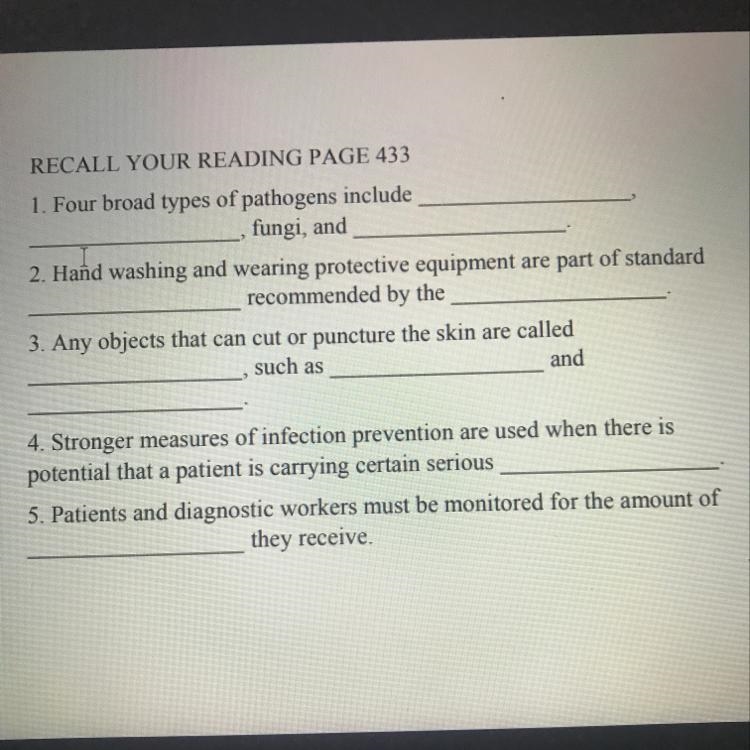 RECALL YOUR READING PAGE 433 1. Four broad types of pathogens include fungi, and 2. Hand-example-1