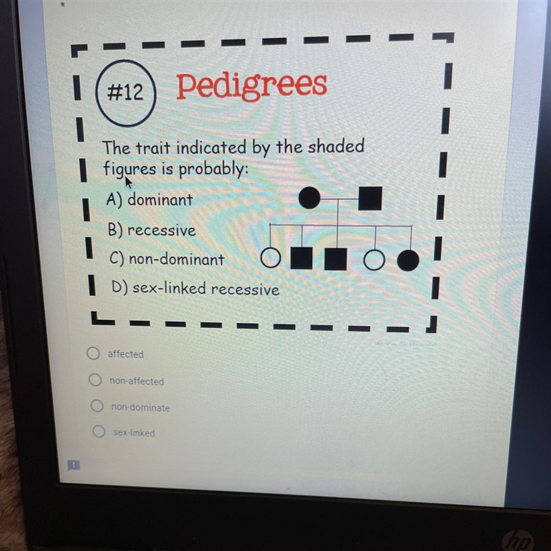 #12) Pedigrees The trait indicated by the shaded figures is probably: A) dominant-example-1