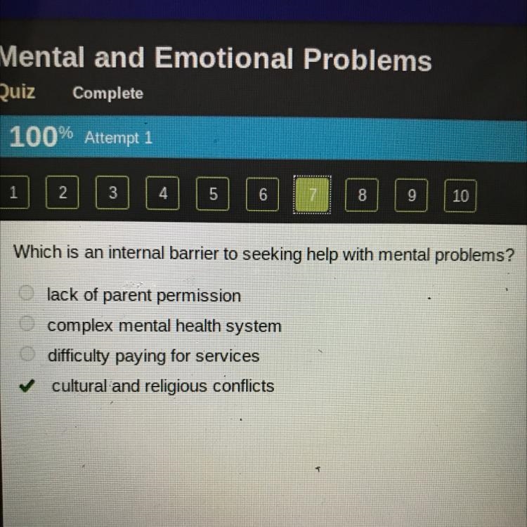 Which is an internal barrier to seeking help with mental problems? lack of parent-example-1