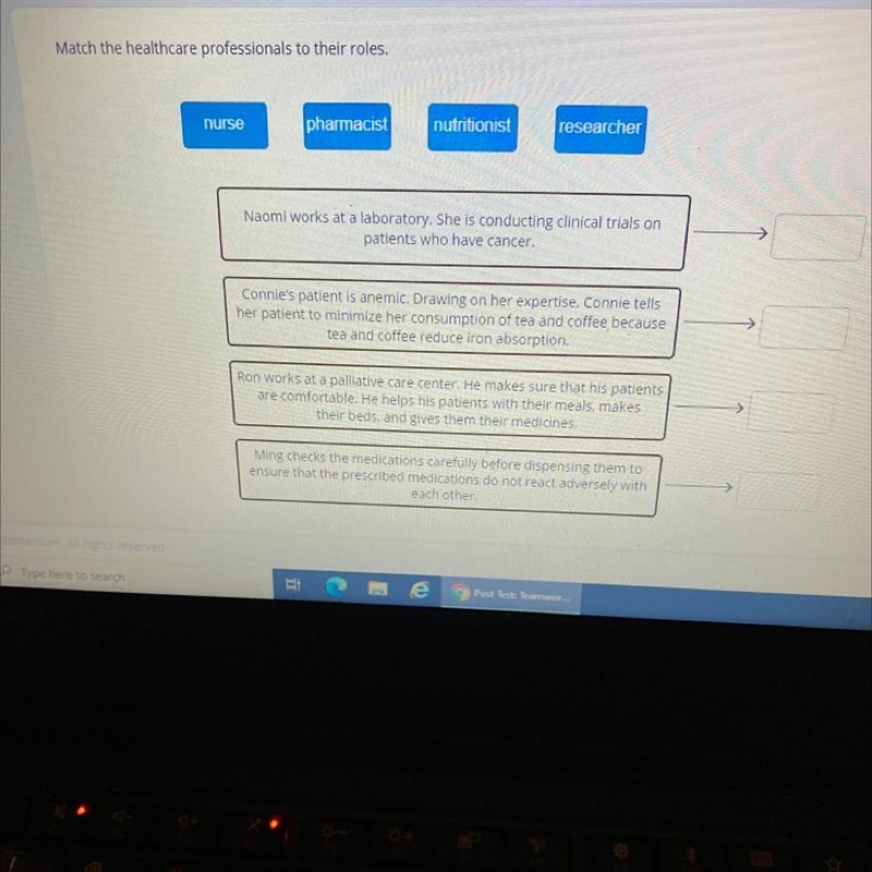 Match the healthcare professionals to their roles.-example-1