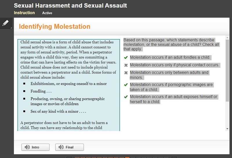 Based on this passage, which statements describe M0lestaion, or the sexual assault-example-1