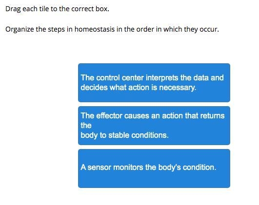 Drag each tile to the correct box. Organize the steps in homeostasis in the order-example-1