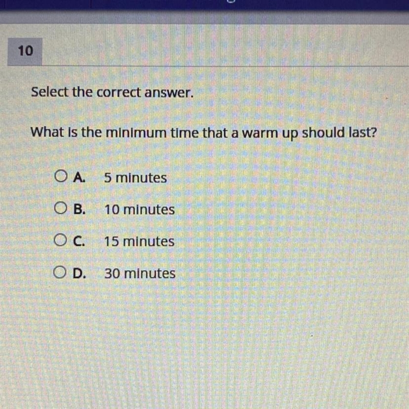 What is the minimum time that a warm up should last? А.5 minutes B.10 minutes C.15 minutes-example-1