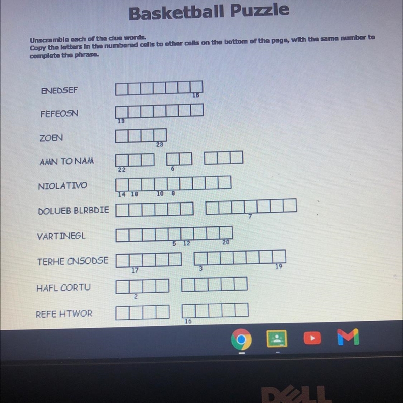 Basketball Puzzle Unscramble each of the clue words. Copy the letters in the numbered-example-1