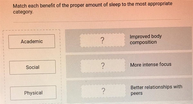 Match each benefit of the proper amount of sleep to the most appropriate category-example-1