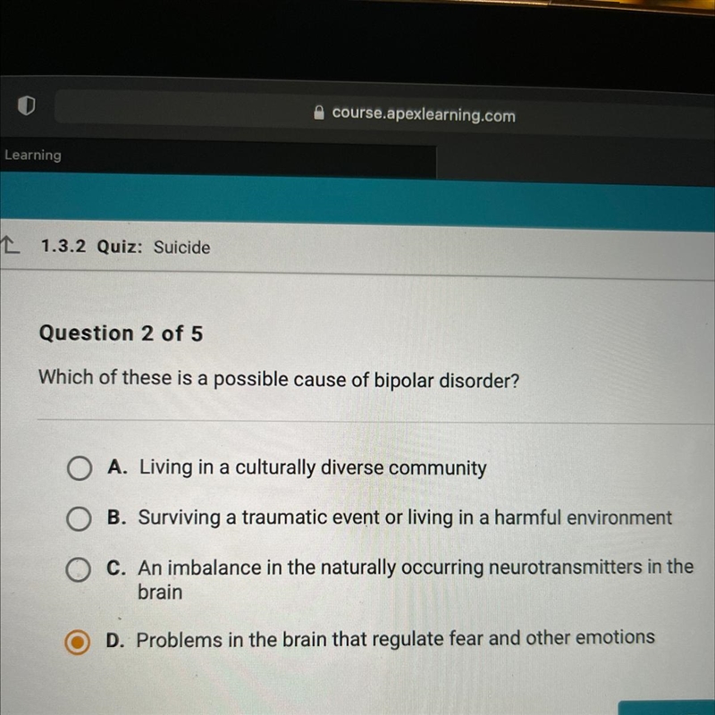 Which of these is a possible cause of bipolar disorder? Please help-example-1