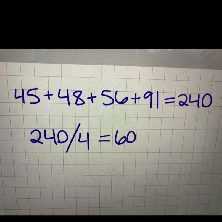 Meg scored 45, 48, and 56 points on three tests. How many points should she get on-example-1