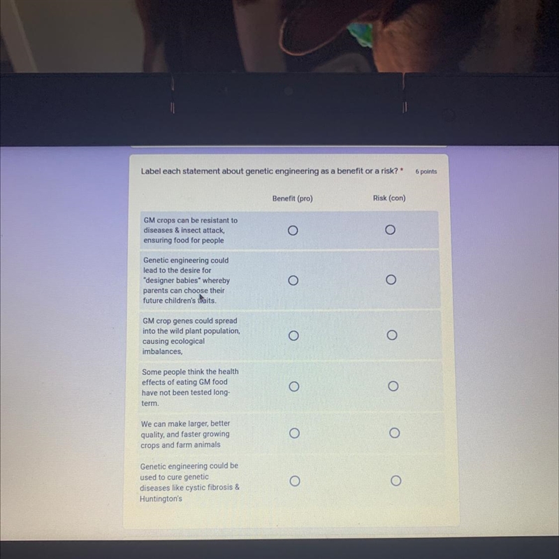 Label each statement about genetic engineering as a benefit or a risk.-example-1