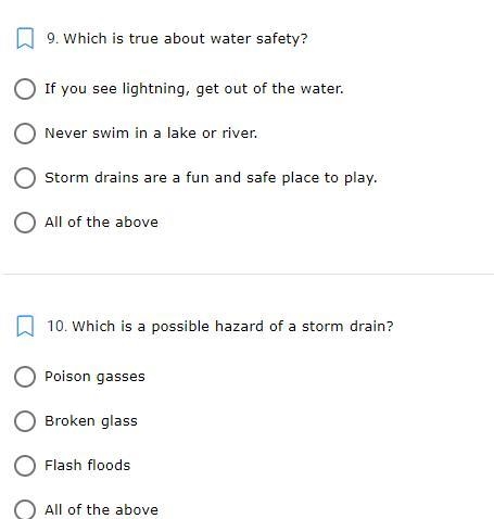 Which is true about water safety? and Which is a possible hazard of a storm drain-example-1