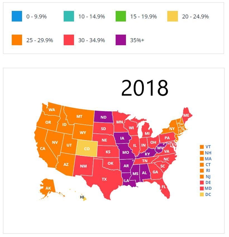 Between 2018 and 2019, describe the change in the % of obesity ratings using the maps-example-1