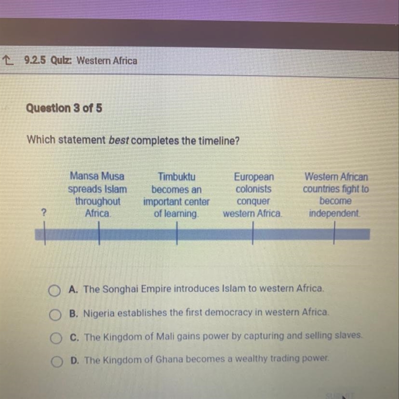 ⚠️NEED HELP ASAP⚠️ Which statement best completes the timeline? Mansa Musa spreads-example-1