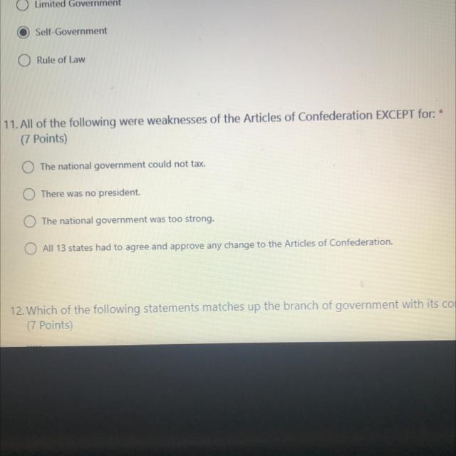 All of the following were weaknesses of the Articles of Confederation EXCEPT for.* (7 points-example-1