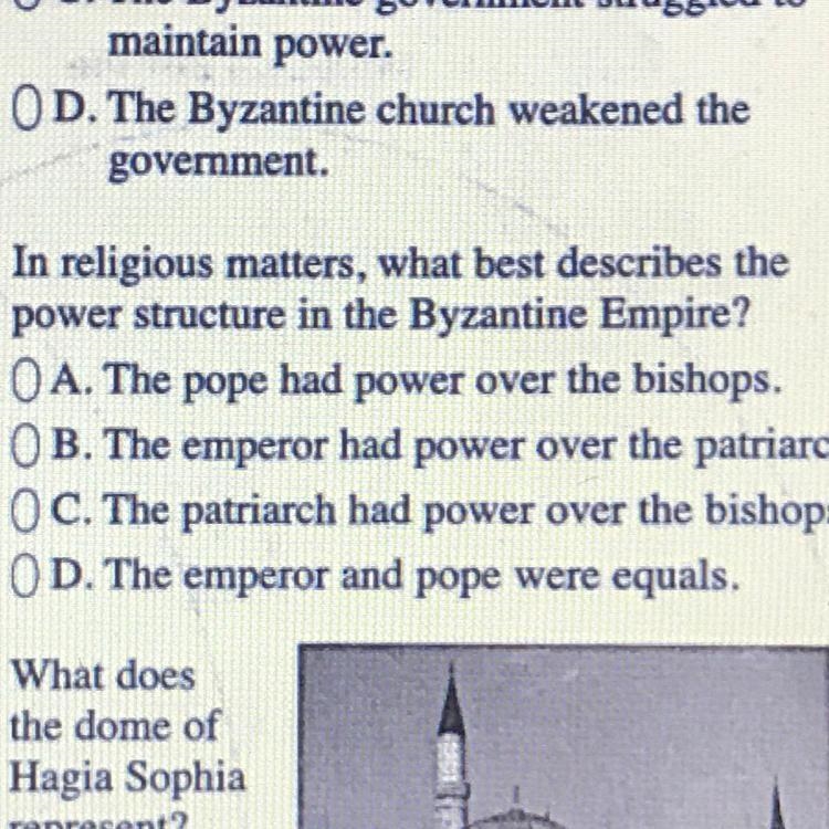 In religious matters, what best describes the power structure in the Byzantine Empire-example-1