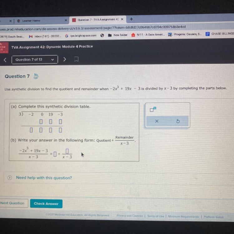 Use synthetic division to find the quotient and remainder when - 2x3 + 19x 3 is divided-example-1