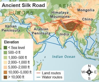 Review the map. A map titled Ancient Silk Road. Land routes and water routes are shown-example-1