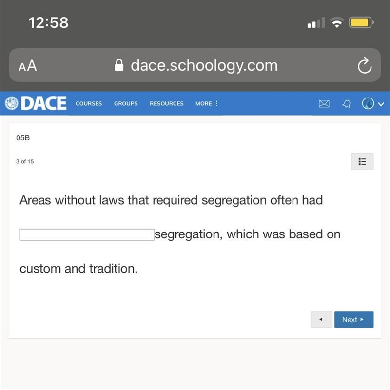 Help me please Areas without laws that required segregation often had Segregation-example-1