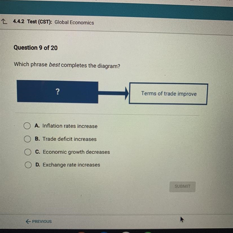 Which phrase best completes the diagram? ? Terms of trade improve A. Inflation rates-example-1