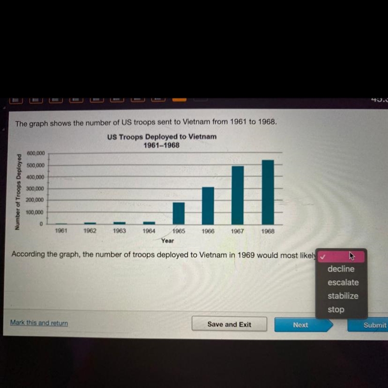 According the graph, the number of troops deployed to Vietnam in 1969 would most likely-example-1