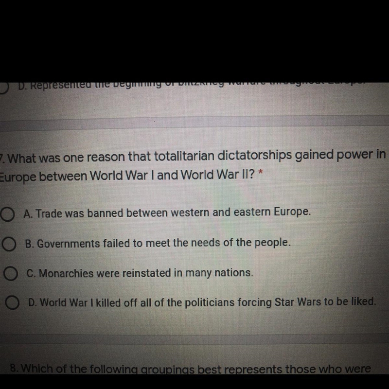 What was one reason the totalitarian dictatorships gained power in Europe between-example-1