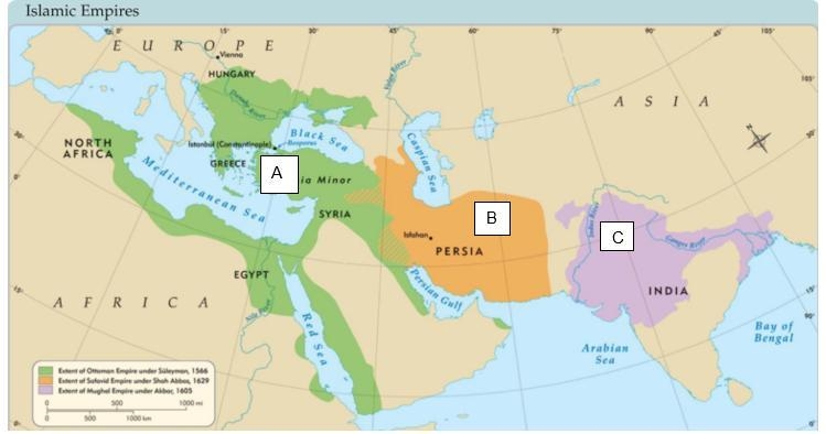 Identify the 3 Islamic Empires by placing the letter that corresponds on the map to-example-1