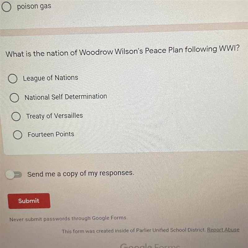 What is the nation of Woodrow Wilson's Peace Plan following WWI? League of Nations-example-1