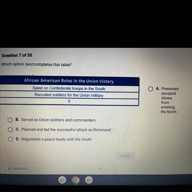 Which option best completes this table? African American Roles in the Union Victory-example-1