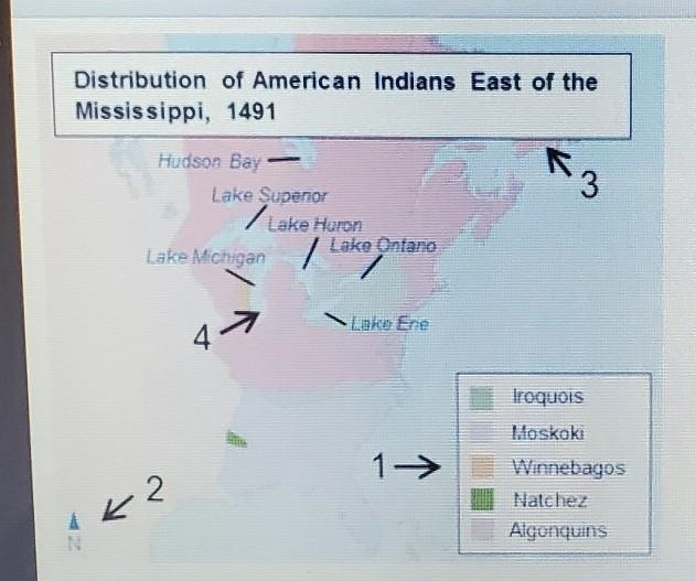 Which arrow is pointing to the key or legend on this map? O 1. correct O 2 O 3 O 4 need-example-1