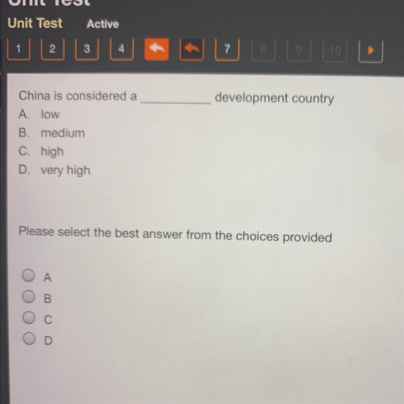 Development country China is considered a A low B. medium C. high D. very high Please-example-1