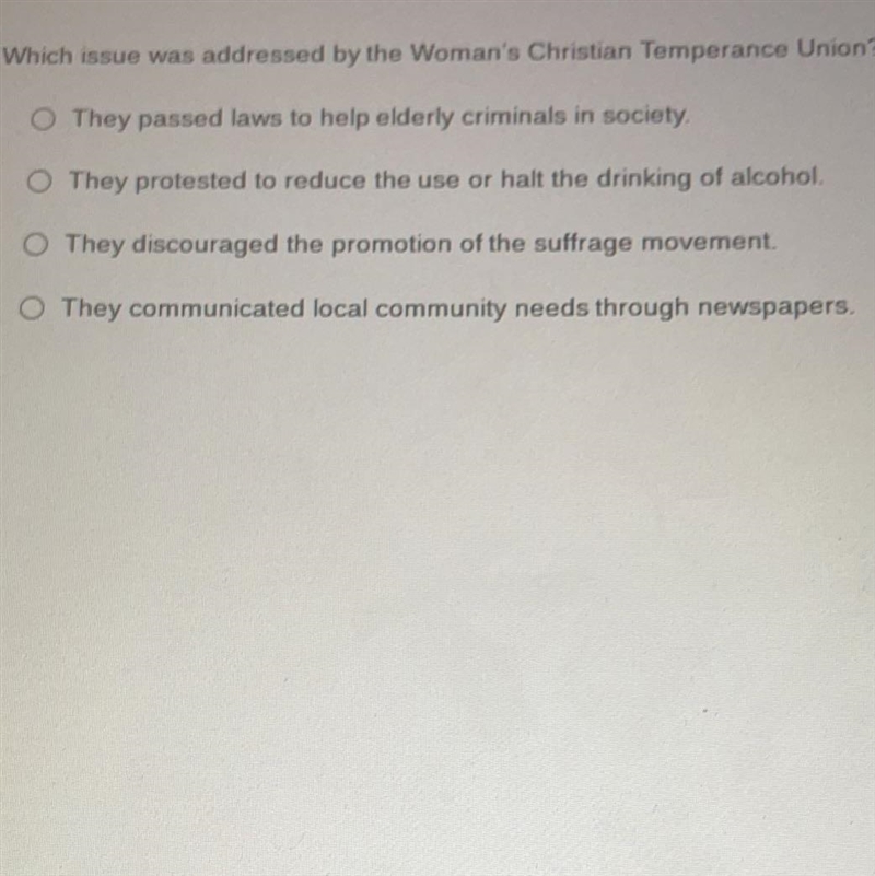 Which issue was addressed by the Woman's Christian Temperance Union? O They passed-example-1