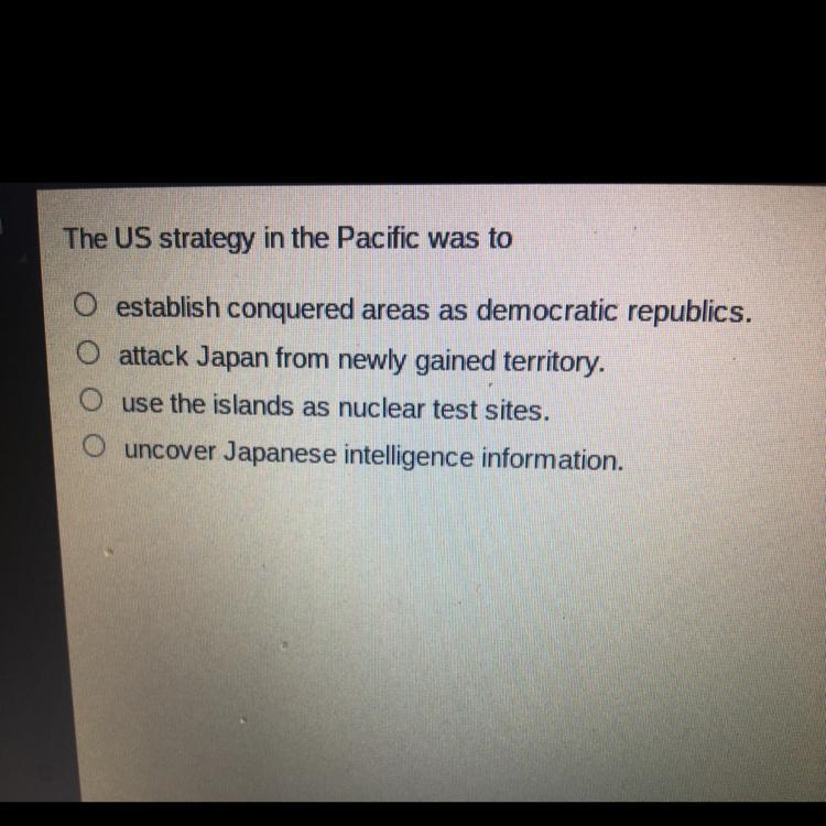 The US strategy in the Pacific was to establish conquered areas as democratic republics-example-1