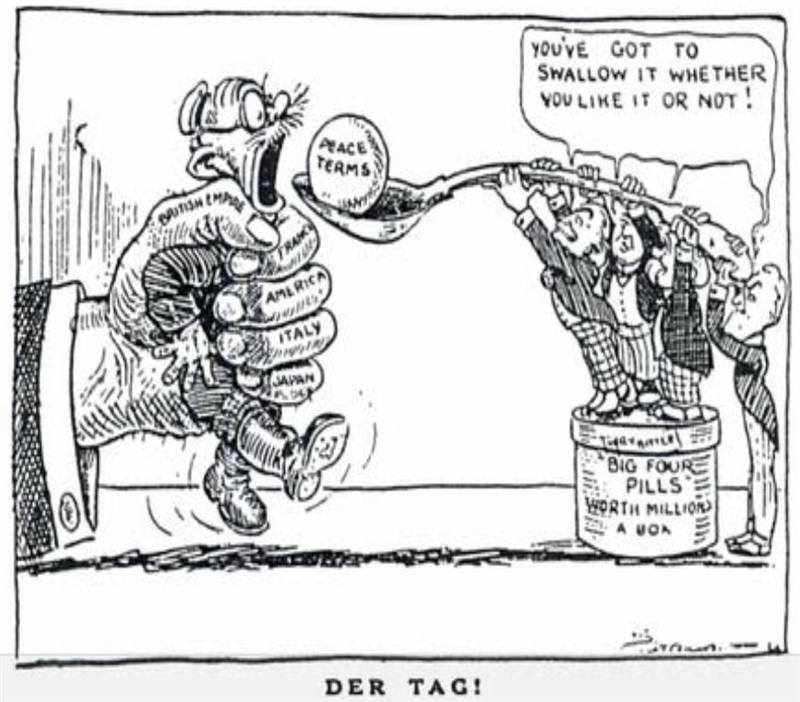 What does the cartoonist think about the Treaty of Versailles? How do you know?-example-1