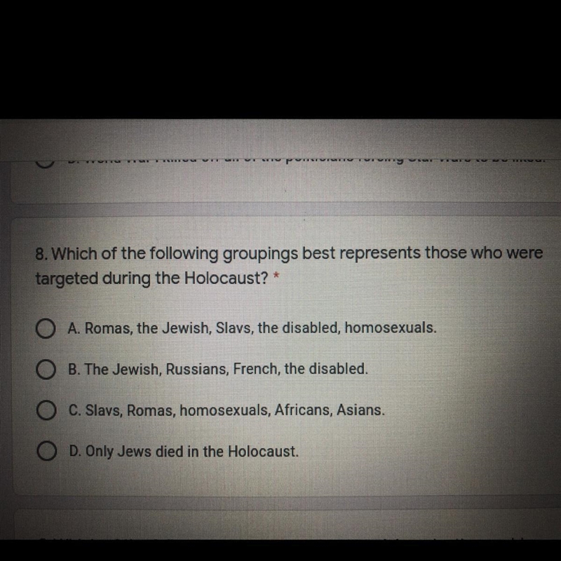 Which groupings best represents those who were targeted during the Holocaust ?-example-1