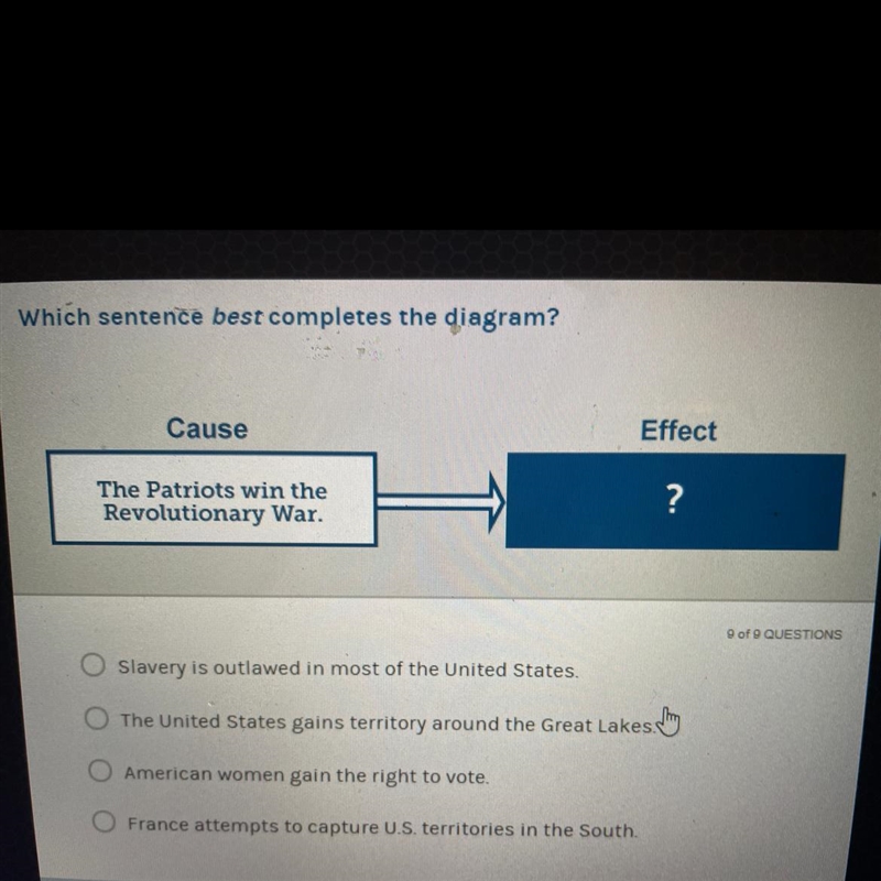 Which sentence best completes the diagram? Cause Effect The Patriots win the Revolutionary-example-1