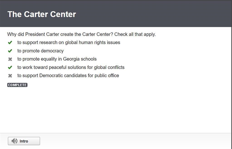 Why did President Carter create the Carter Center? Check all that apply. to support-example-1