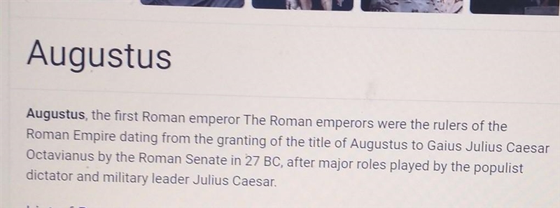 Who was the first Roman emperor? Mark Anthony Julius Caesar Caesar Augustus Rome never-example-1