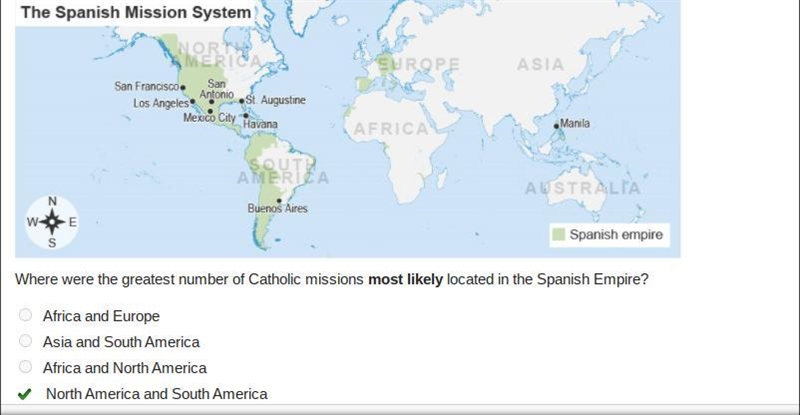 Review the map. A map titled The Spanish Mission System. The Spanish Empire includes-example-1