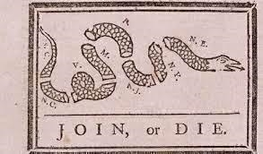 In this 1754 political cartoon by Benjamin Franklin, what does the severed snake represent-example-1