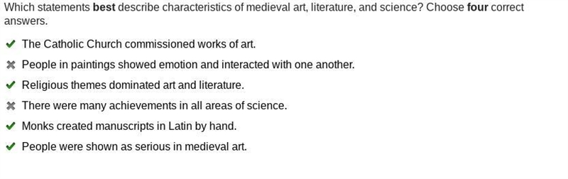 Which statements best describe characteristics of medieval art, literature, and science-example-1