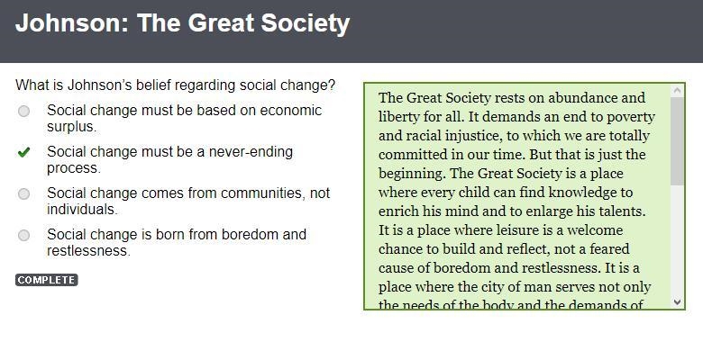 What is Johnson’s belief regarding social change? Social change must be based on economic-example-1