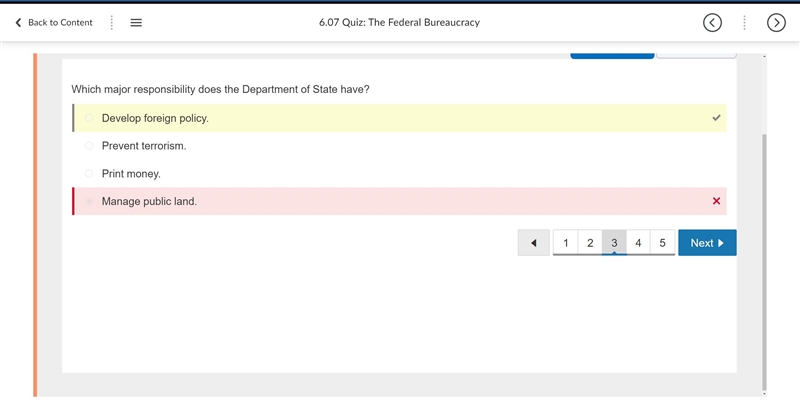 Which major responsibility does the Department of State have? Prevent terrorism. Manage-example-1