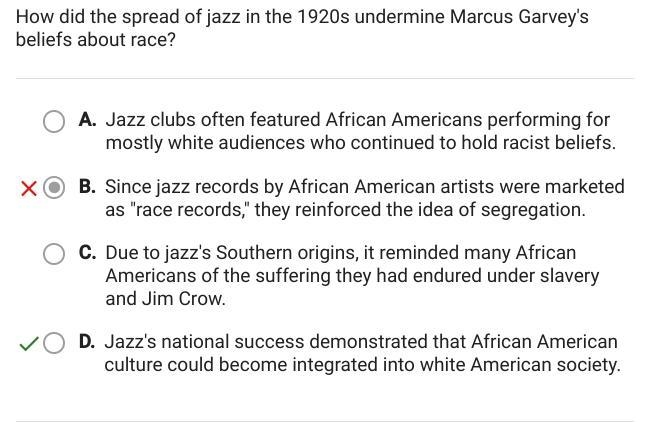 How did the spread of jazz in the 1920s undermine Marcus Garvey's beliefs about race-example-1