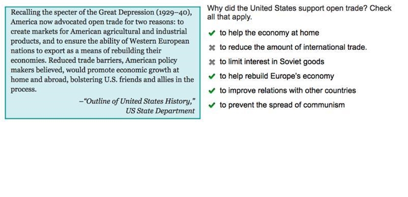 Why did the United States support open trade? Check all that apply. to help the economy-example-1