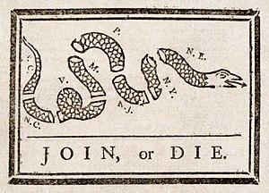 This is a political cartoon drawn by Benjamin Franklin. What outcome was Franklin-example-1