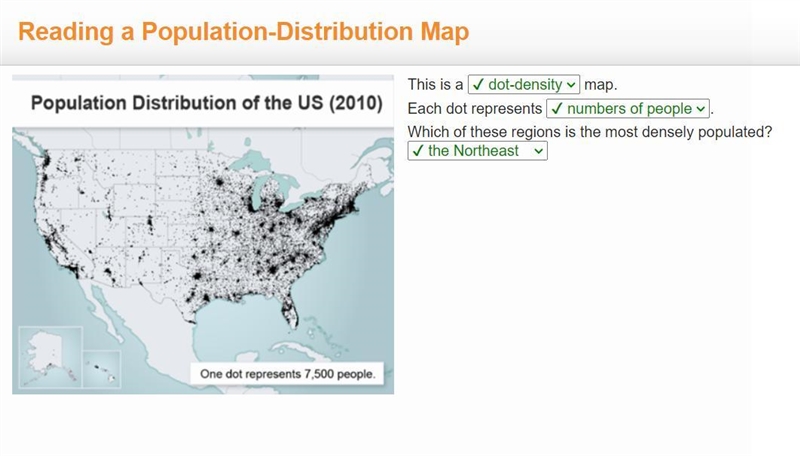 This is a map. Population Distribution of the US (2010) Each dot represents Which-example-1