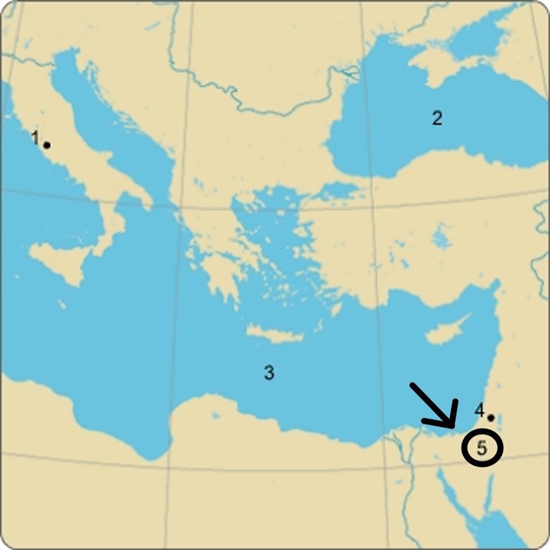 Item 3 Which number on the map indicates Rome? 1 2 3 4 5 Part of world map showing-example-1