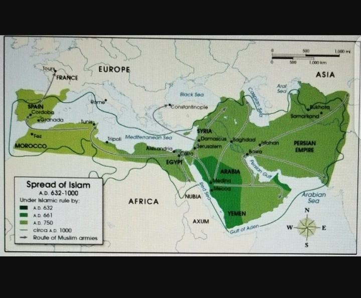 6. (01.03 MC) The following map shows the spread of Islam from 632 A.D. (CE) through-example-1